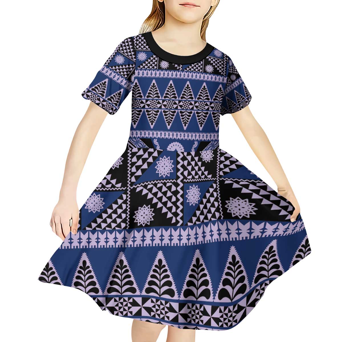 Vintage Bula Fiji Kid Short Sleeve Dress Prussian Blue Tapa Masi Motif