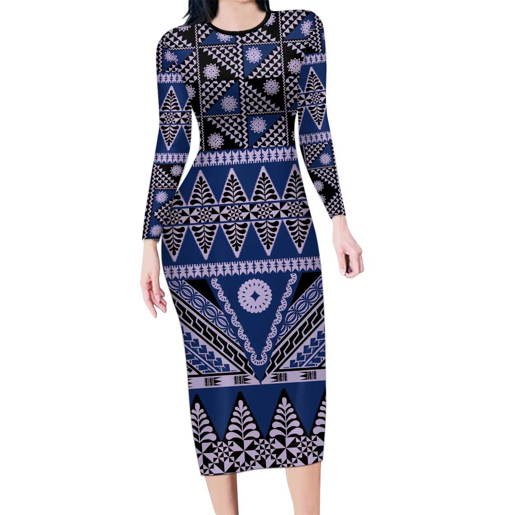 Vintage Bula Fiji Long Sleeve Bodycon Dress Prussian Blue Tapa Masi Motif