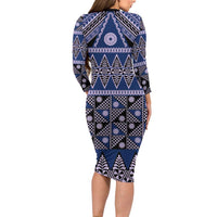 Vintage Bula Fiji Long Sleeve Bodycon Dress Prussian Blue Tapa Masi Motif