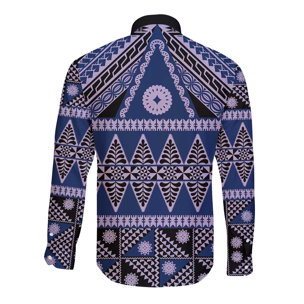 Vintage Bula Fiji Long Sleeve Button Shirt Prussian Blue Tapa Masi Motif