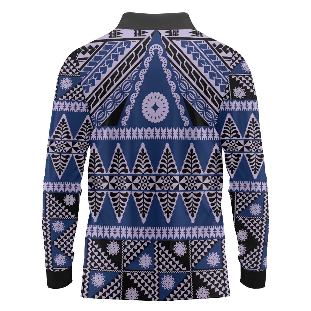 Vintage Bula Fiji Long Sleeve Polo Shirt Prussian Blue Tapa Masi Motif