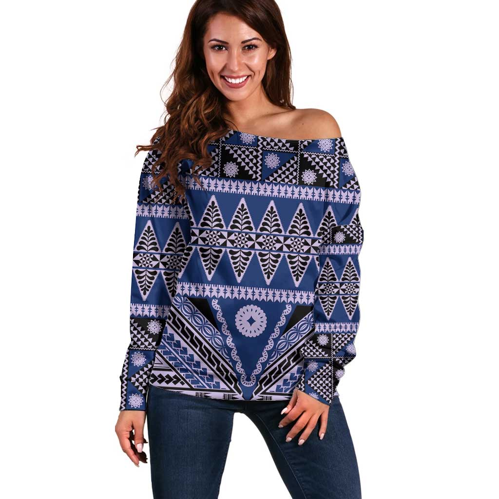 Vintage Bula Fiji Off Shoulder Sweater Prussian Blue Tapa Masi Motif