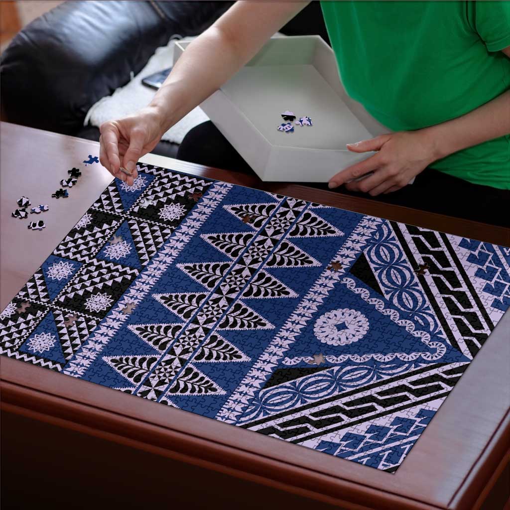Vintage Bula Fiji Puzzle Prussian Blue Tapa Masi Motif - Polynesian Pride