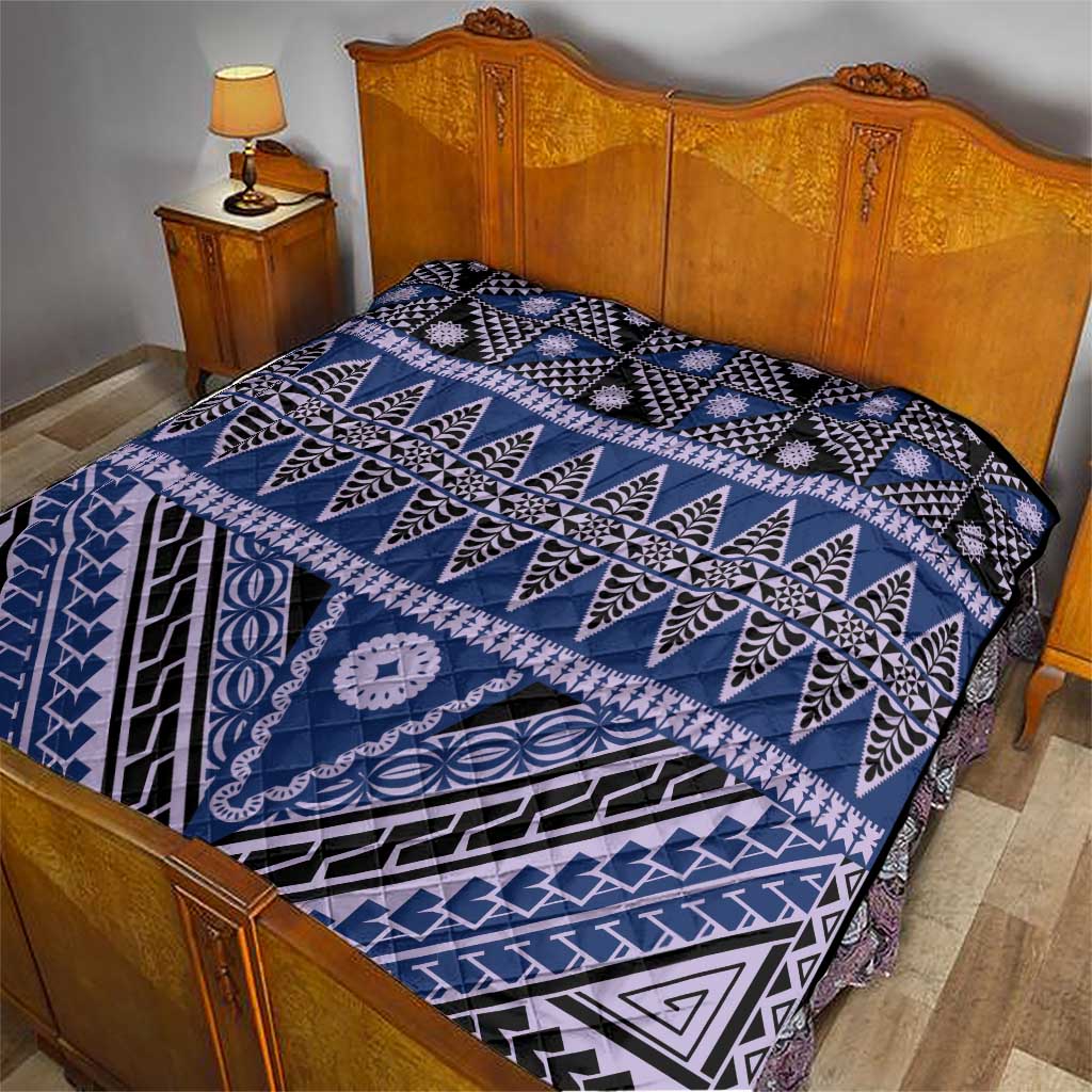 Vintage Bula Fiji Quilt Prussian Blue Tapa Masi Motif