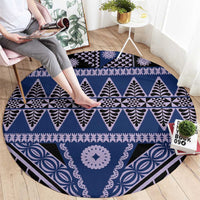 Vintage Bula Fiji Round Carpet Prussian Blue Tapa Masi Motif