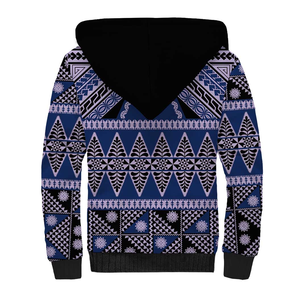 Vintage Bula Fiji Sherpa Hoodie Prussian Blue Tapa Masi Motif LT9 - Polynesian Pride
