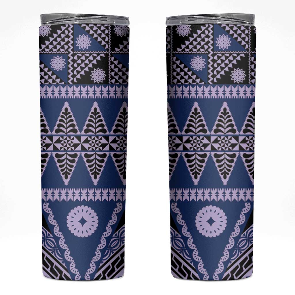 Vintage Bula Fiji Skinny Tumbler Prussian Blue Tapa Masi Motif LT9 Blue - Polynesian Pride