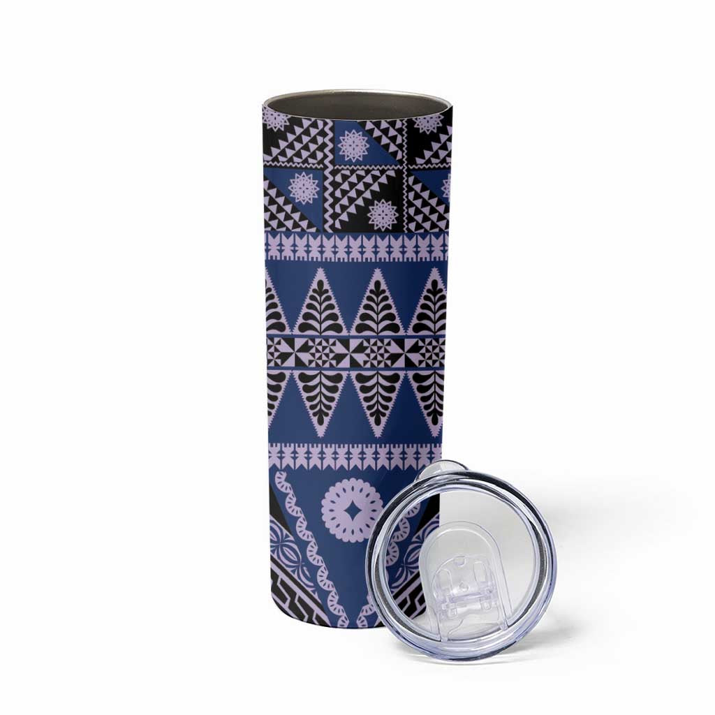 Vintage Bula Fiji Skinny Tumbler Prussian Blue Tapa Masi Motif LT9 - Polynesian Pride