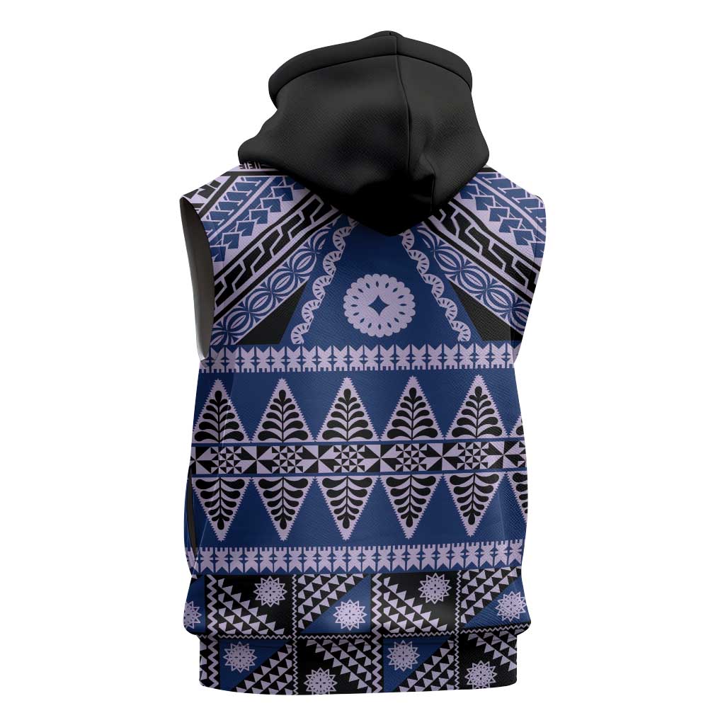 Vintage Bula Fiji Sleeveless Hoodie Prussian Blue Tapa Masi Motif LT9 - Polynesian Pride
