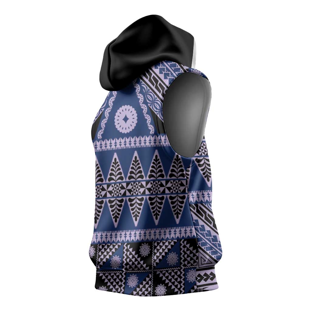 Vintage Bula Fiji Sleeveless Hoodie Prussian Blue Tapa Masi Motif LT9 - Polynesian Pride