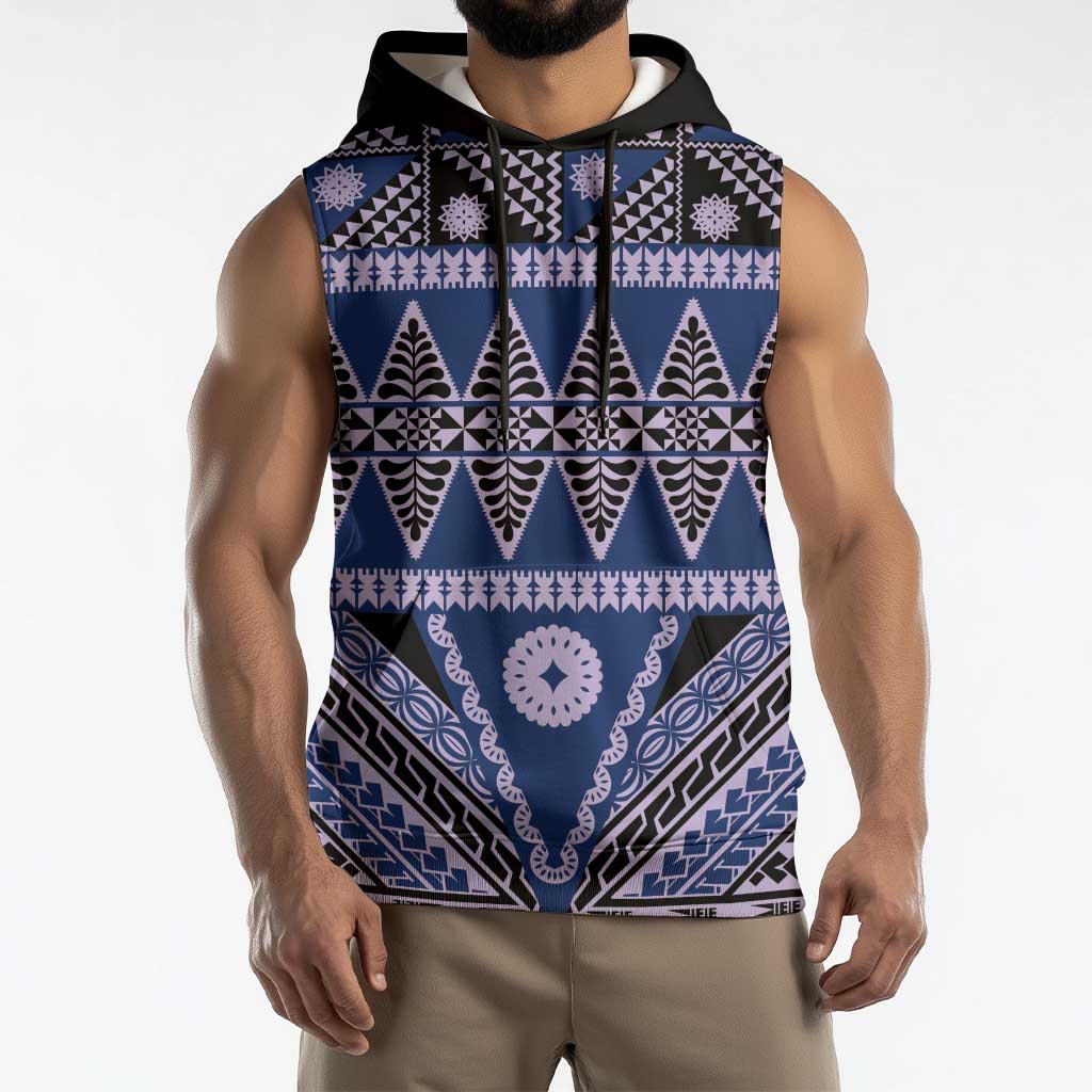Vintage Bula Fiji Sleeveless Hoodie Prussian Blue Tapa Masi Motif LT9 - Polynesian Pride