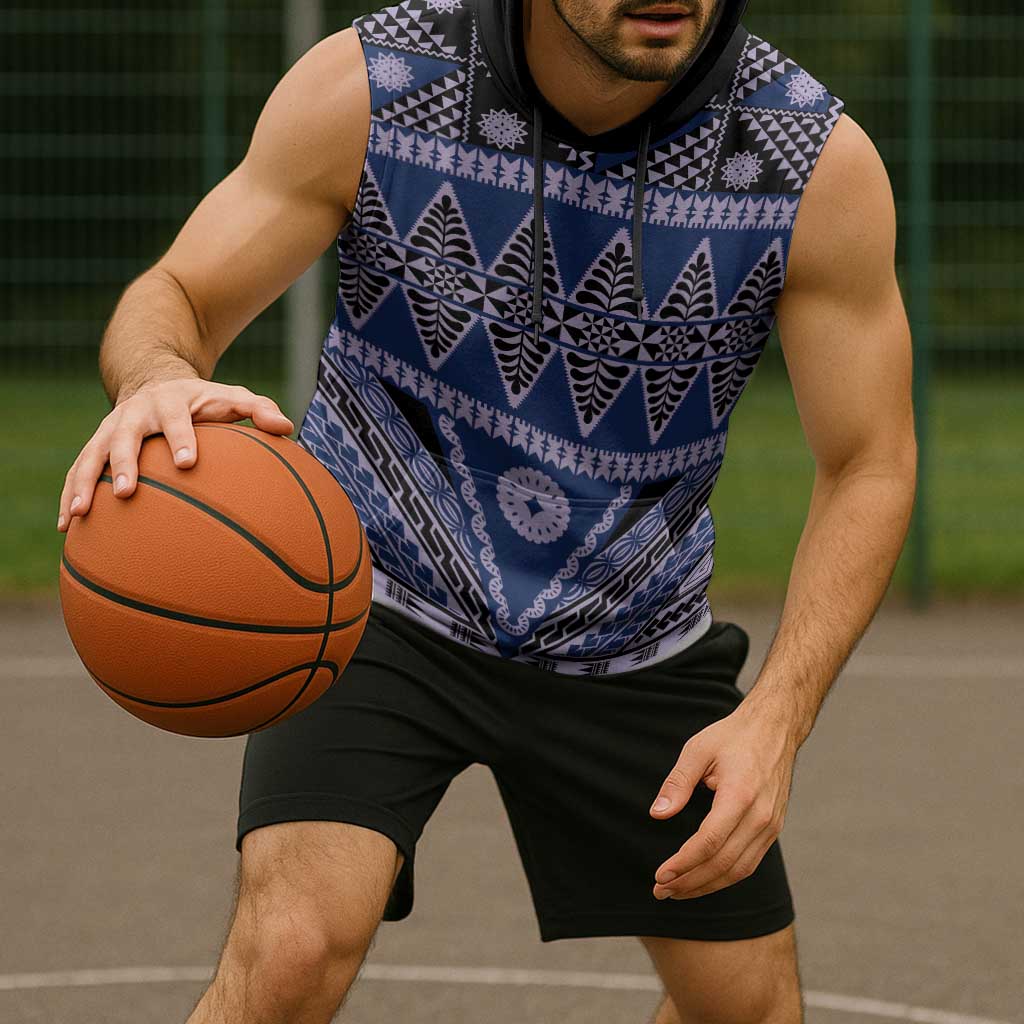 Vintage Bula Fiji Sleeveless Hoodie Prussian Blue Tapa Masi Motif LT9 - Polynesian Pride