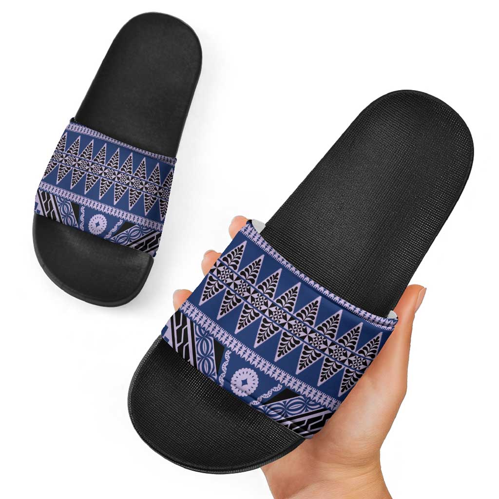 Vintage Bula Fiji Slide Sandals Prussian Blue Tapa Masi Motif - Polynesian Pride