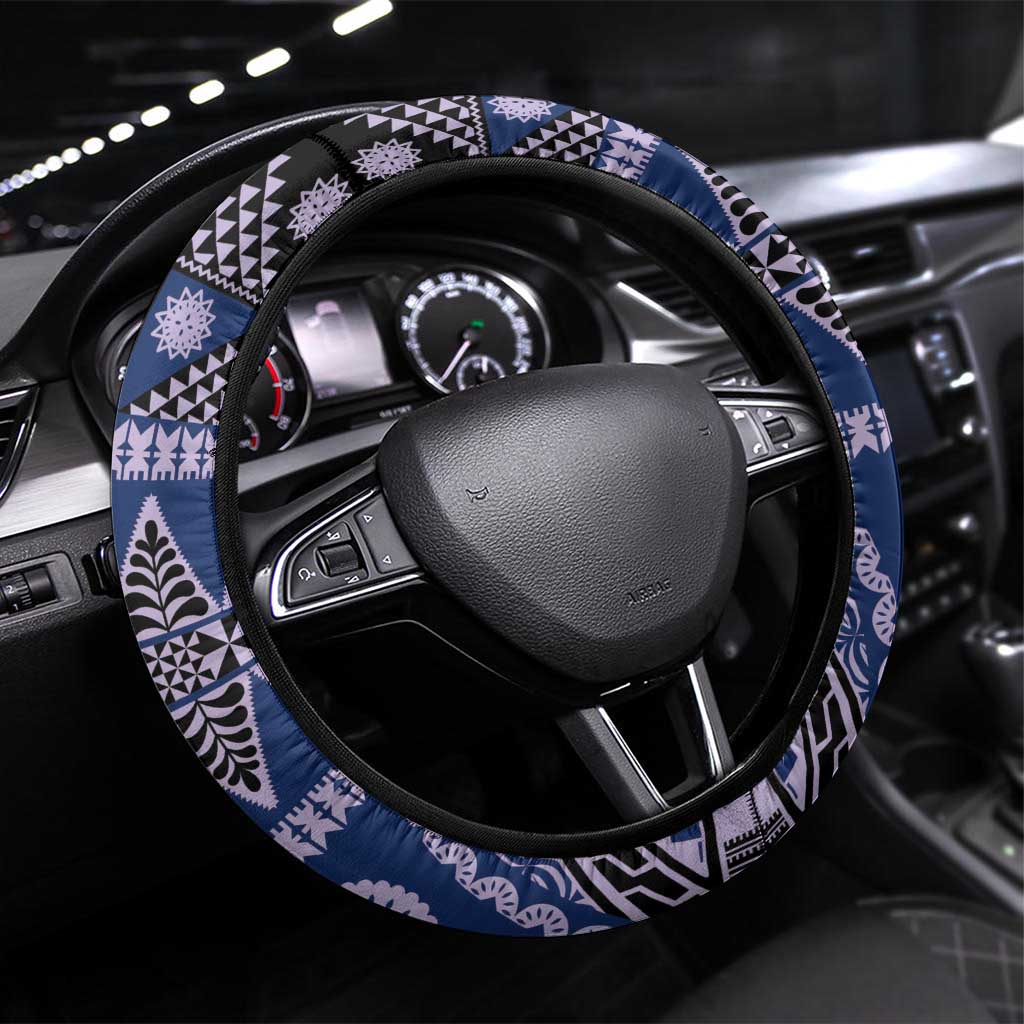 Vintage Bula Fiji Steering Wheel Cover Prussian Blue Tapa Masi Motif