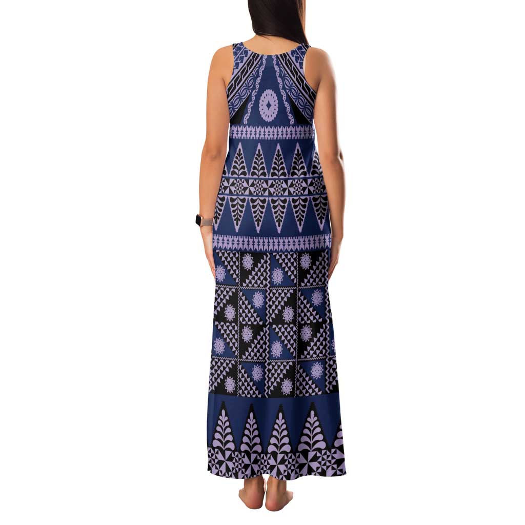 Vintage Bula Fiji Tank Maxi Dress Prussian Blue Tapa Masi Motif