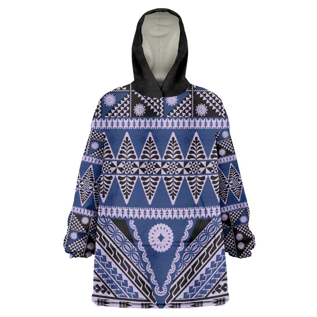 Vintage Bula Fiji Wearable Blanket Hoodie Prussian Blue Tapa Masi Motif LT9 One Size Blue - Polynesian Pride