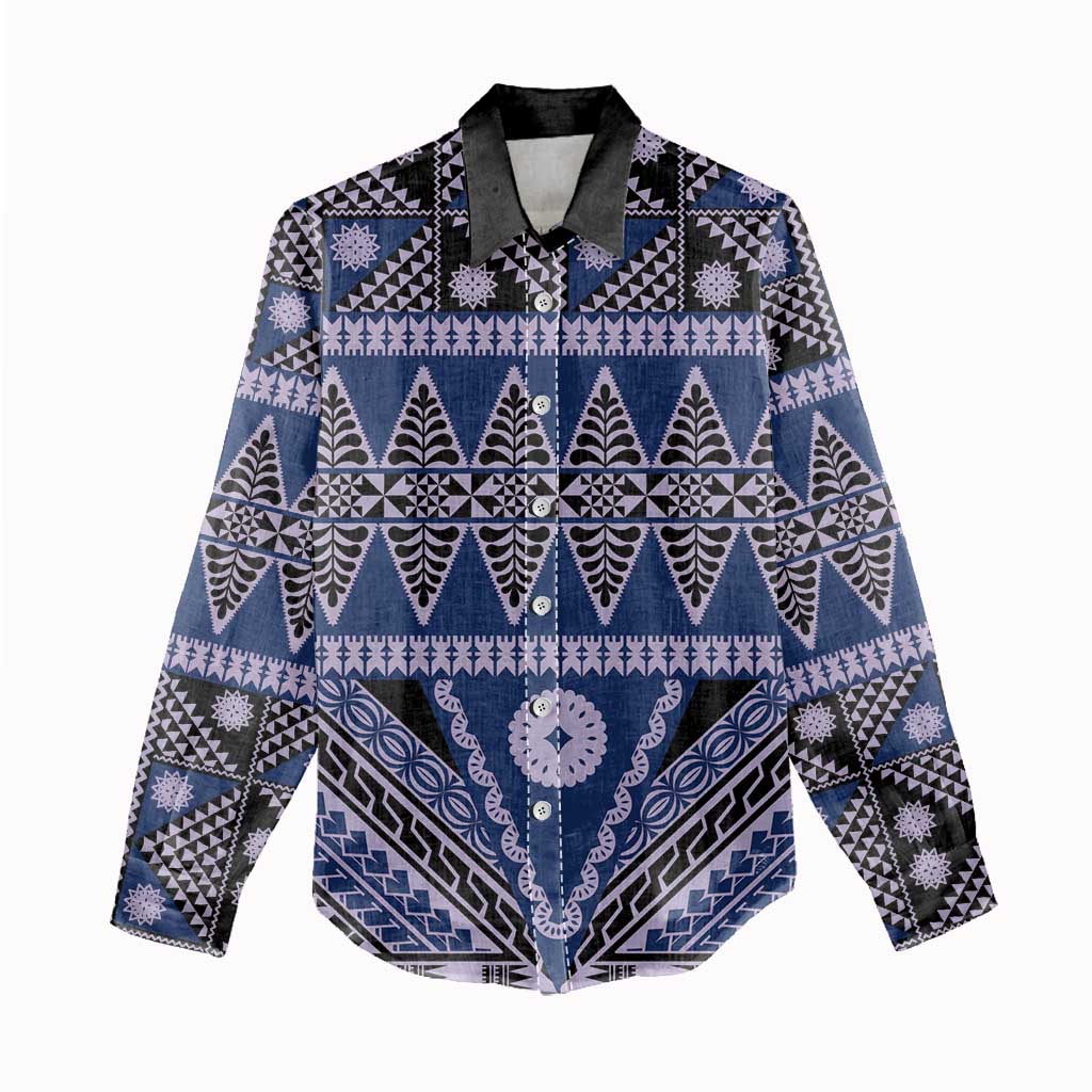Vintage Bula Fiji Women Casual Shirt Prussian Blue Tapa Masi Motif