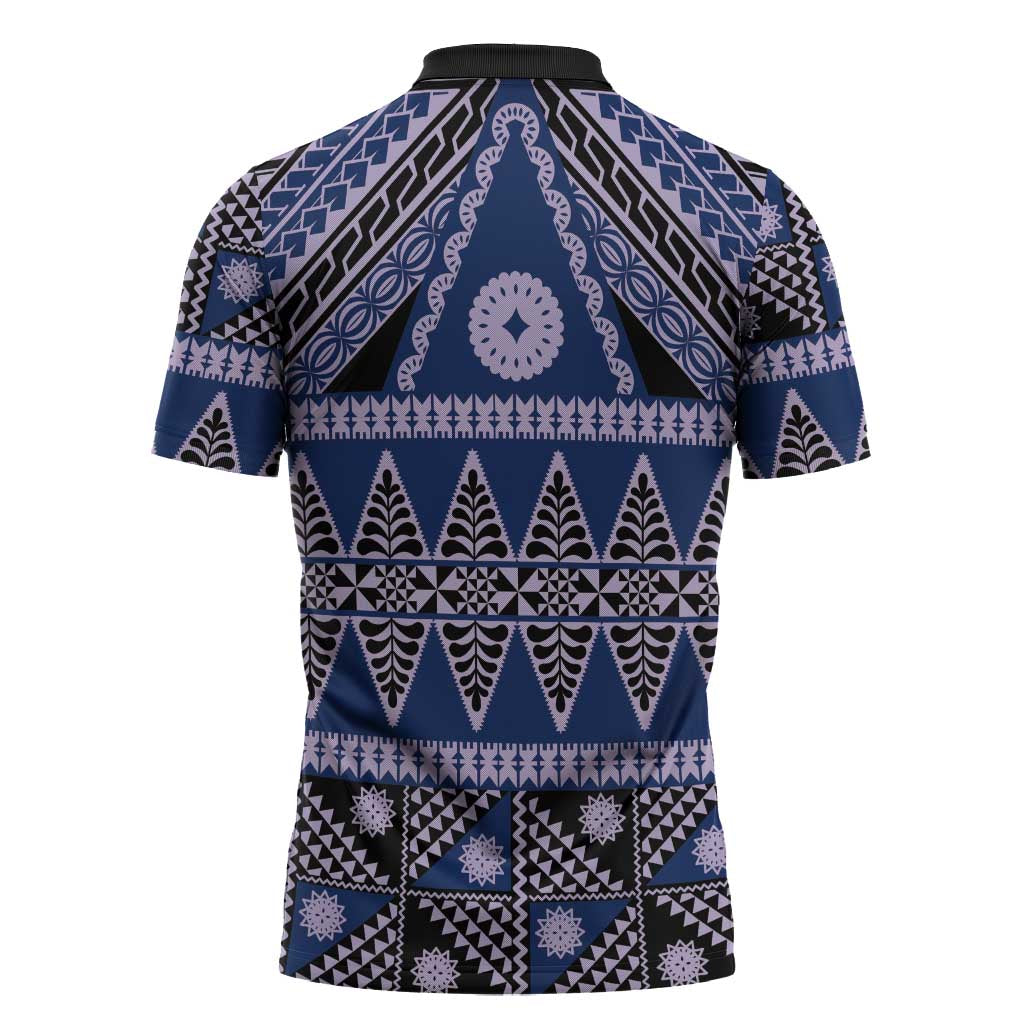 Vintage Bula Fiji Zipper Polo Shirt Prussian Blue Tapa Masi Motif - Polynesian Pride