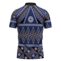 Vintage Bula Fiji Zipper Polo Shirt Prussian Blue Tapa Masi Motif - Polynesian Pride