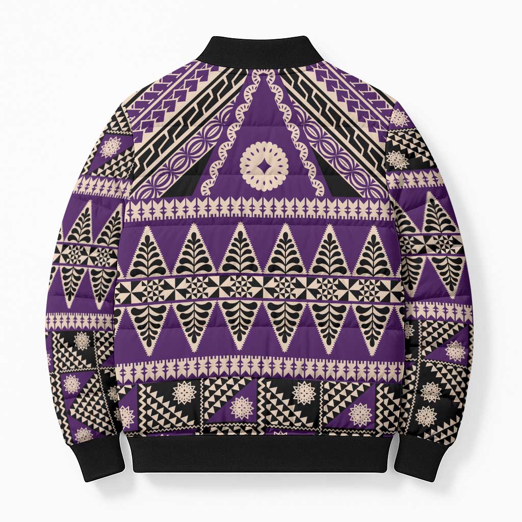 Vintage Bula Fiji Bomber Puffer Jacket Purple Tapa Masi Motif - Polynesian Pride