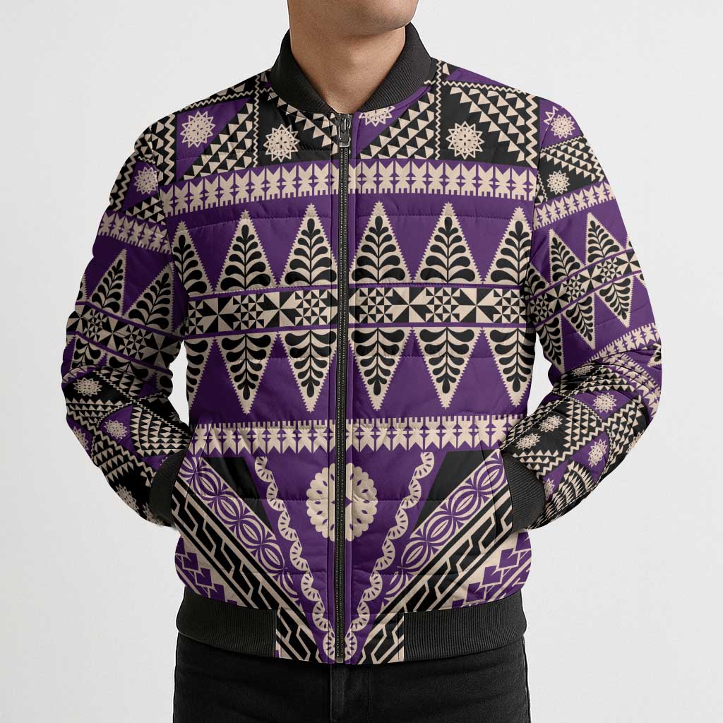 Vintage Bula Fiji Bomber Puffer Jacket Purple Tapa Masi Motif - Polynesian Pride