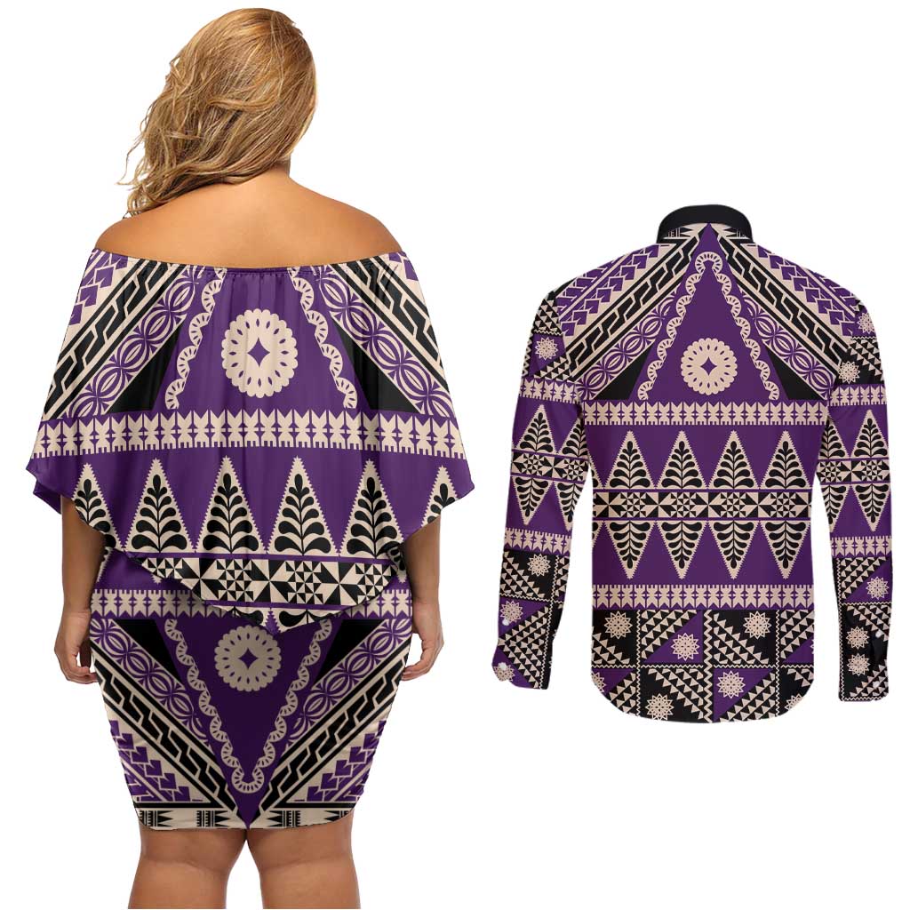 Vintage Bula Fiji Couples Matching Off Shoulder Short Dress and Long Sleeve Button Shirt Purple Tapa Masi Motif