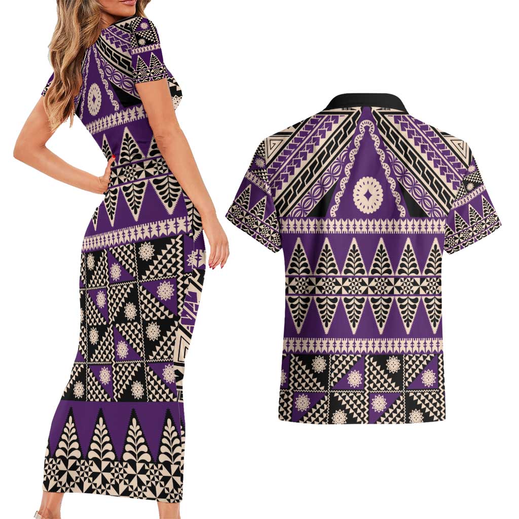 Vintage Bula Fiji Couples Matching Short Sleeve Bodycon Dress and Hawaiian Shirt Purple Tapa Masi Motif