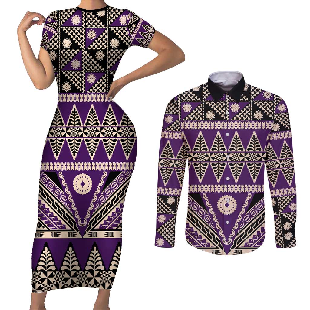 Vintage Bula Fiji Couples Matching Short Sleeve Bodycon Dress and Long Sleeve Button Shirt Purple Tapa Masi Motif