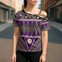 Vintage Bula Fiji Cross Shoulder Shirt Purple Tapa Masi Motif - Polynesian Pride