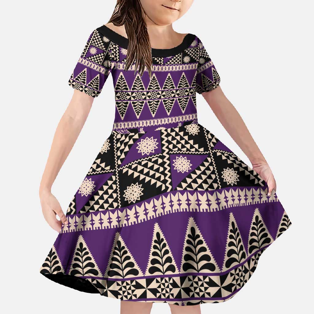 Vintage Bula Fiji Family Matching Long Sleeve Bodycon Dress and Hawaiian Shirt Purple Tapa Masi Motif