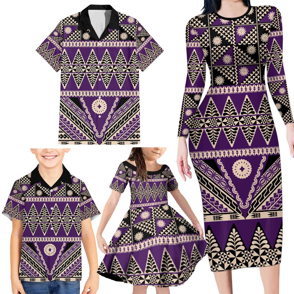 Vintage Bula Fiji Family Matching Long Sleeve Bodycon Dress and Hawaiian Shirt Purple Tapa Masi Motif