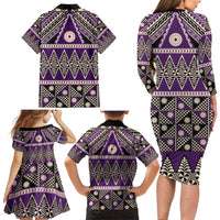 Vintage Bula Fiji Family Matching Long Sleeve Bodycon Dress and Hawaiian Shirt Purple Tapa Masi Motif