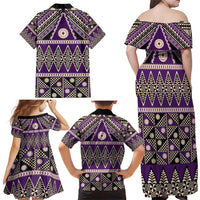 Vintage Bula Fiji Family Matching Off Shoulder Maxi Dress and Hawaiian Shirt Purple Tapa Masi Motif