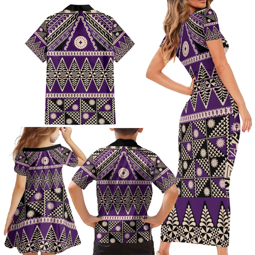 Vintage Bula Fiji Family Matching Short Sleeve Bodycon Dress and Hawaiian Shirt Purple Tapa Masi Motif