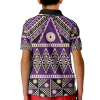 Vintage Bula Fiji Kid Polo Shirt Purple Tapa Masi Motif