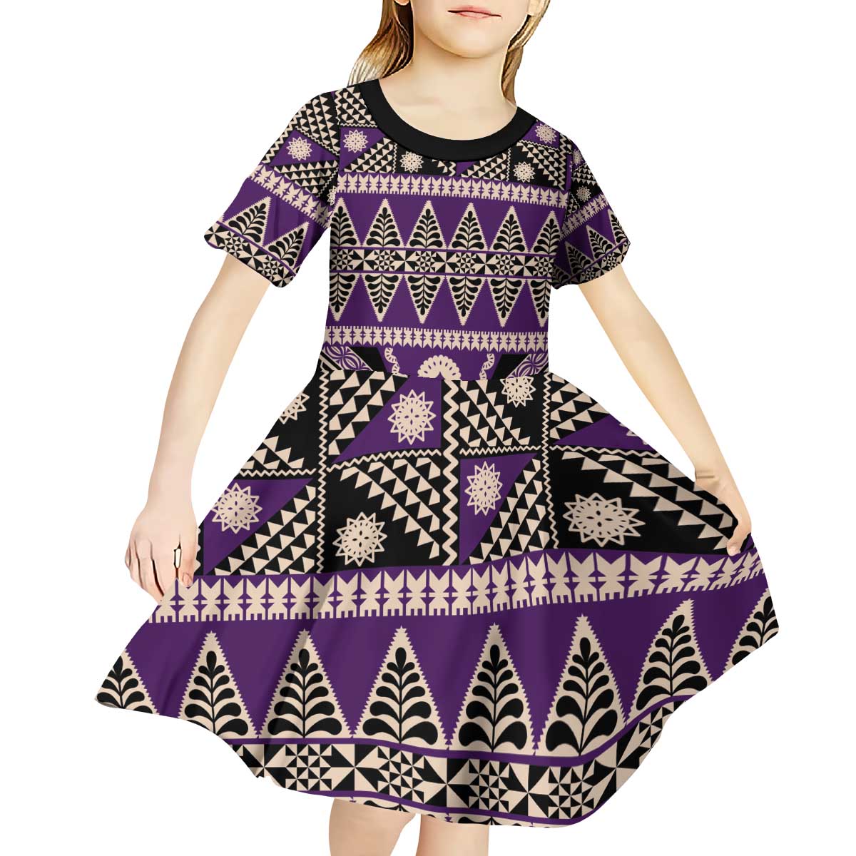 Vintage Bula Fiji Kid Short Sleeve Dress Purple Tapa Masi Motif