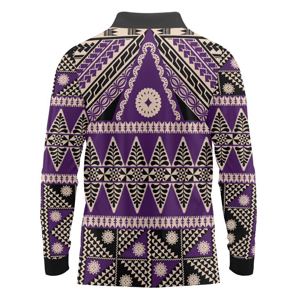 Vintage Bula Fiji Long Sleeve Polo Shirt Purple Tapa Masi Motif LT9 - Polynesian Pride