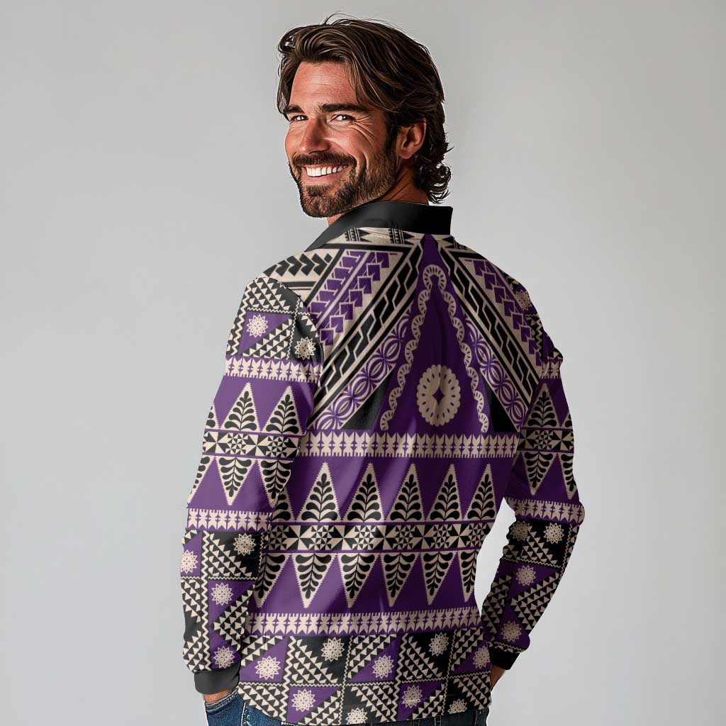 Vintage Bula Fiji Long Sleeve Polo Shirt Purple Tapa Masi Motif LT9 - Polynesian Pride
