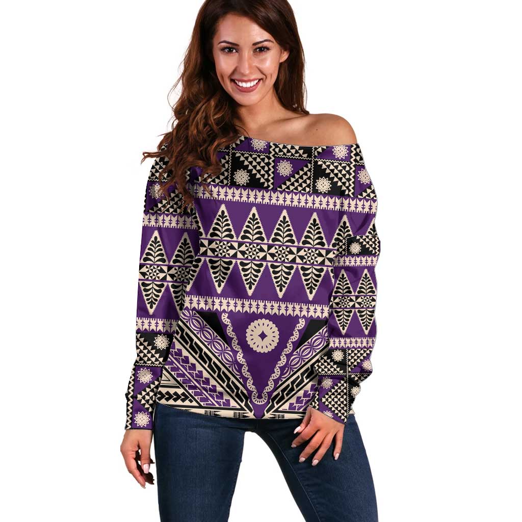 Vintage Bula Fiji Off Shoulder Sweater Purple Tapa Masi Motif