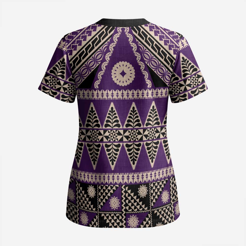 Vintage Bula Fiji Scrub Top Purple Tapa Masi Motif - Polynesian Pride