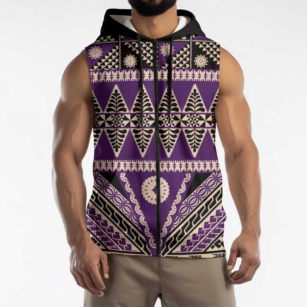 Vintage Bula Fiji Sleeveless Zip Hoodie Purple Tapa Masi Motif LT9 - Polynesian Pride