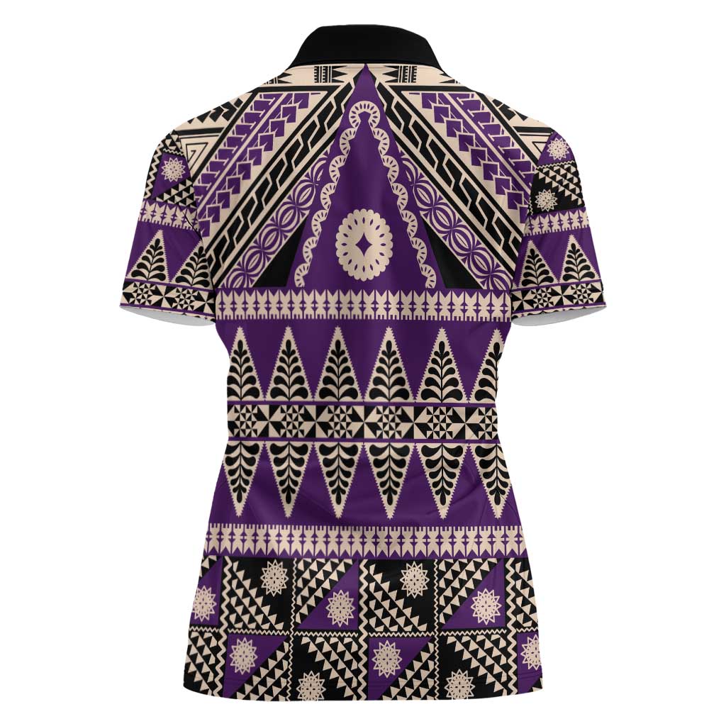 Vintage Bula Fiji Women Polo Shirt Purple Tapa Masi Motif
