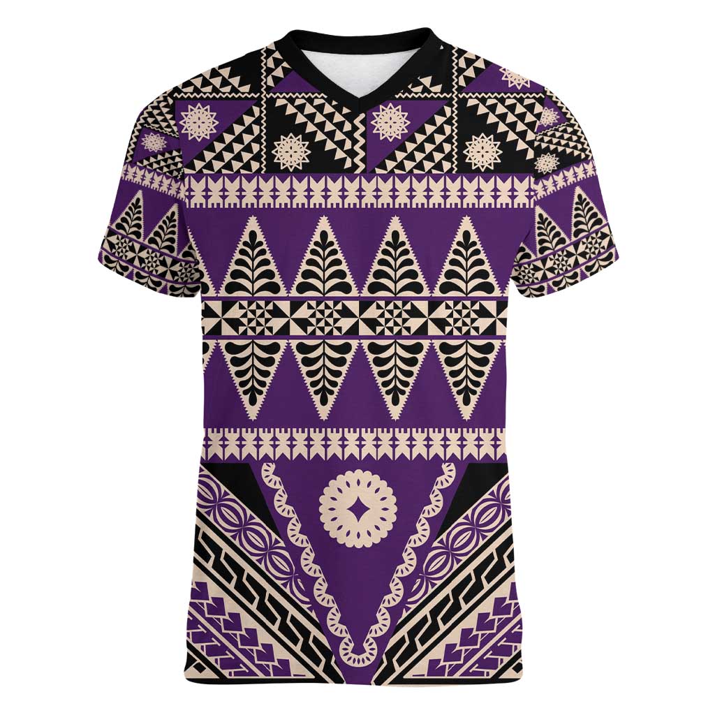 Vintage Bula Fiji Women V-Neck T-Shirt Purple Tapa Masi Motif