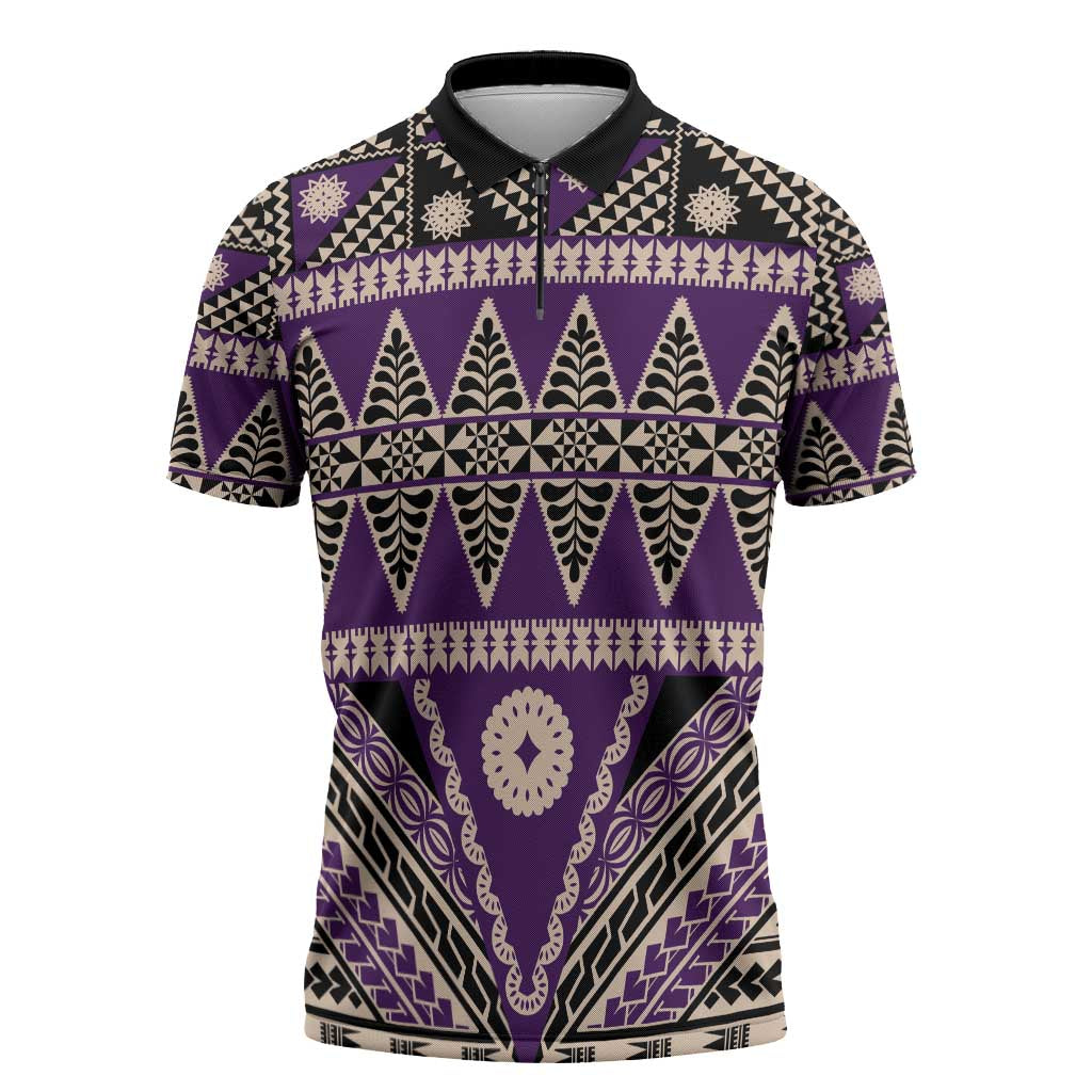 Vintage Bula Fiji Zipper Polo Shirt Purple Tapa Masi Motif - Polynesian Pride