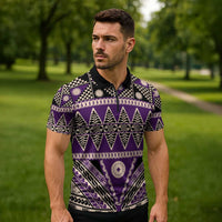 Vintage Bula Fiji Zipper Polo Shirt Purple Tapa Masi Motif - Polynesian Pride