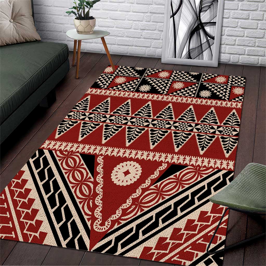 Vintage Bula Fiji Area Rug Red Tapa Masi Motif