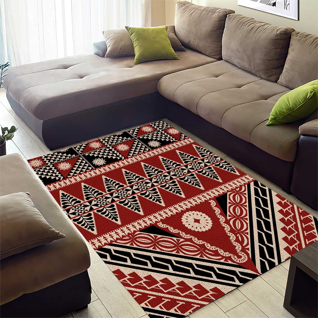 Vintage Bula Fiji Area Rug Red Tapa Masi Motif