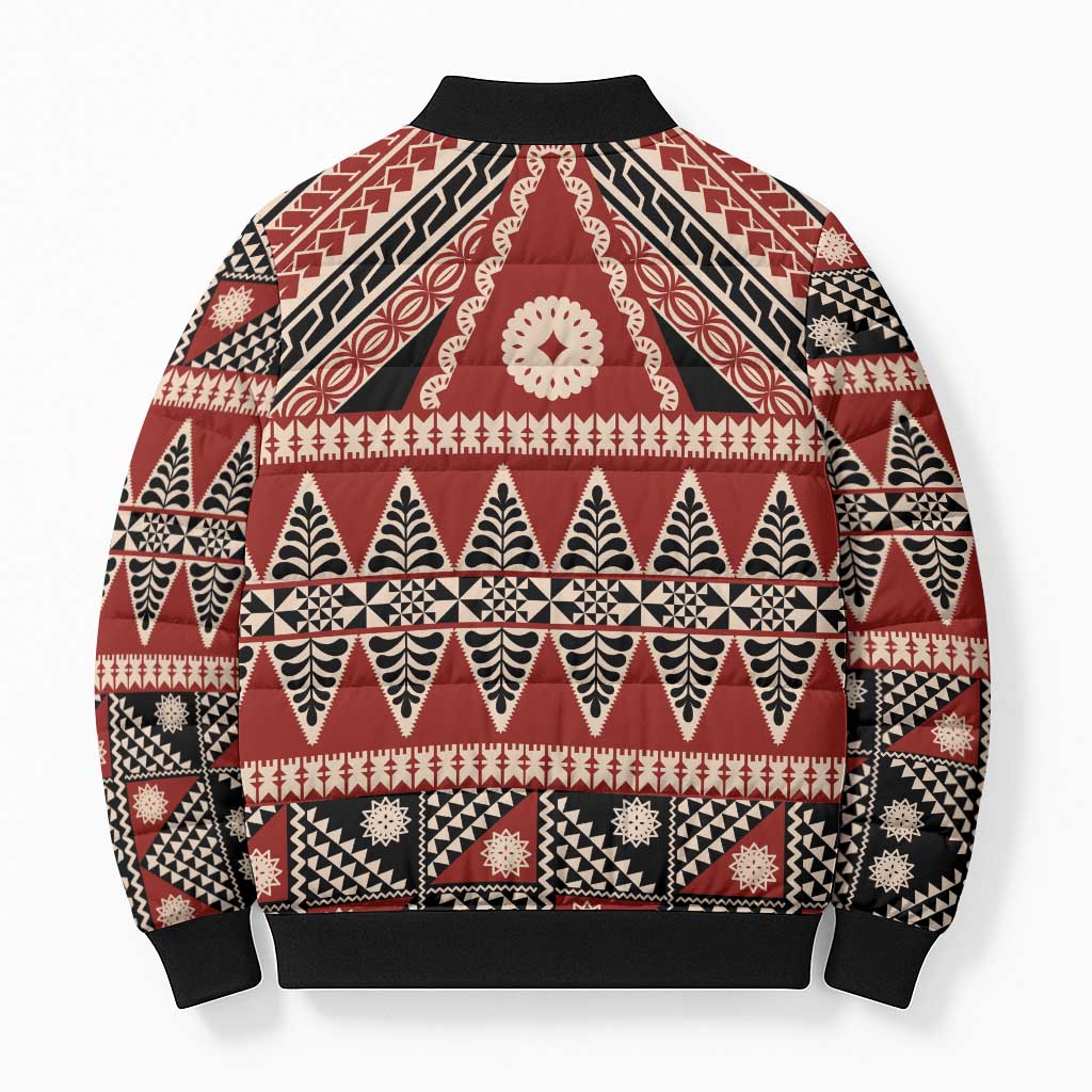 Vintage Bula Fiji Bomber Puffer Jacket Red Tapa Masi Motif - Polynesian Pride