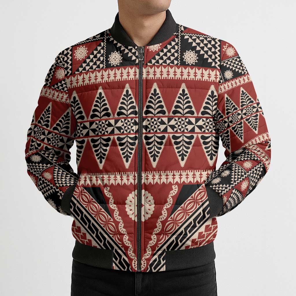 Vintage Bula Fiji Bomber Puffer Jacket Red Tapa Masi Motif - Polynesian Pride