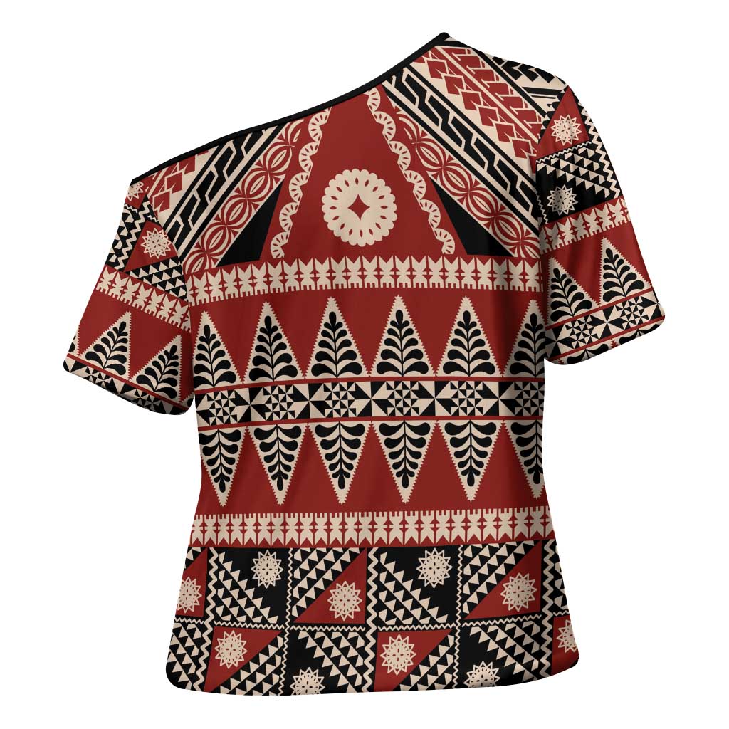 Vintage Bula Fiji Cross Shoulder Shirt Red Tapa Masi Motif - Polynesian Pride